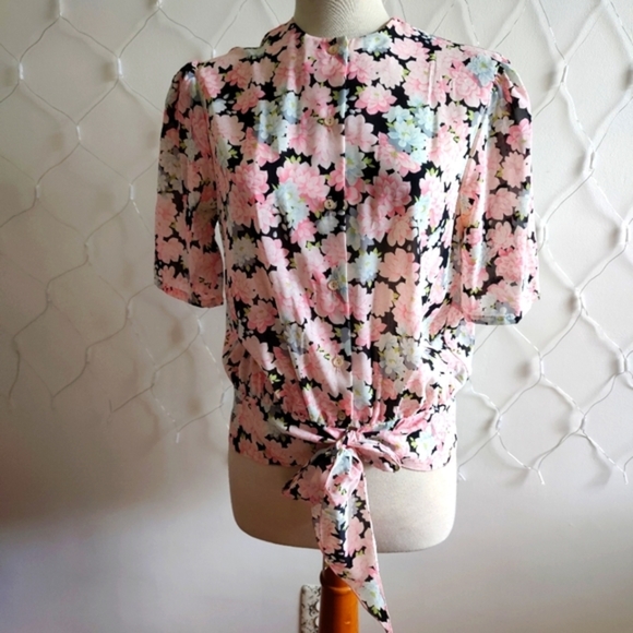 Spring Vintage Floral Blouse / Tie Up Waist / Black/Pink/Blue / Sz 10/12 - Picture 1 of 6